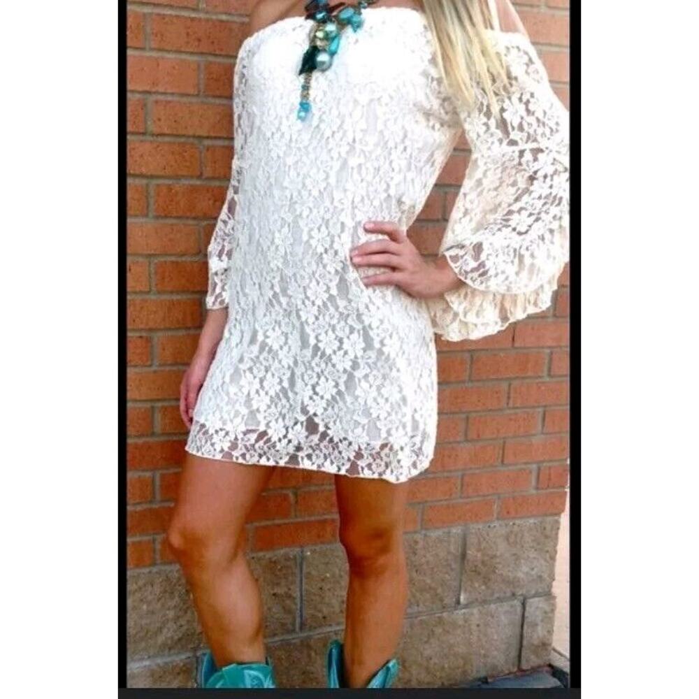 Elan‎ Womens Large Dress Tunic Lace Romantic Mini Off Shoulder Ivory - Picture 13 of 13